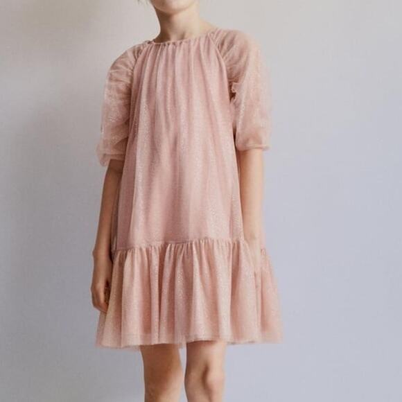 ZARA Girls Dusty Pink Sparkly Shirt Sleeve Dress size 8 - Picture 1 of 7